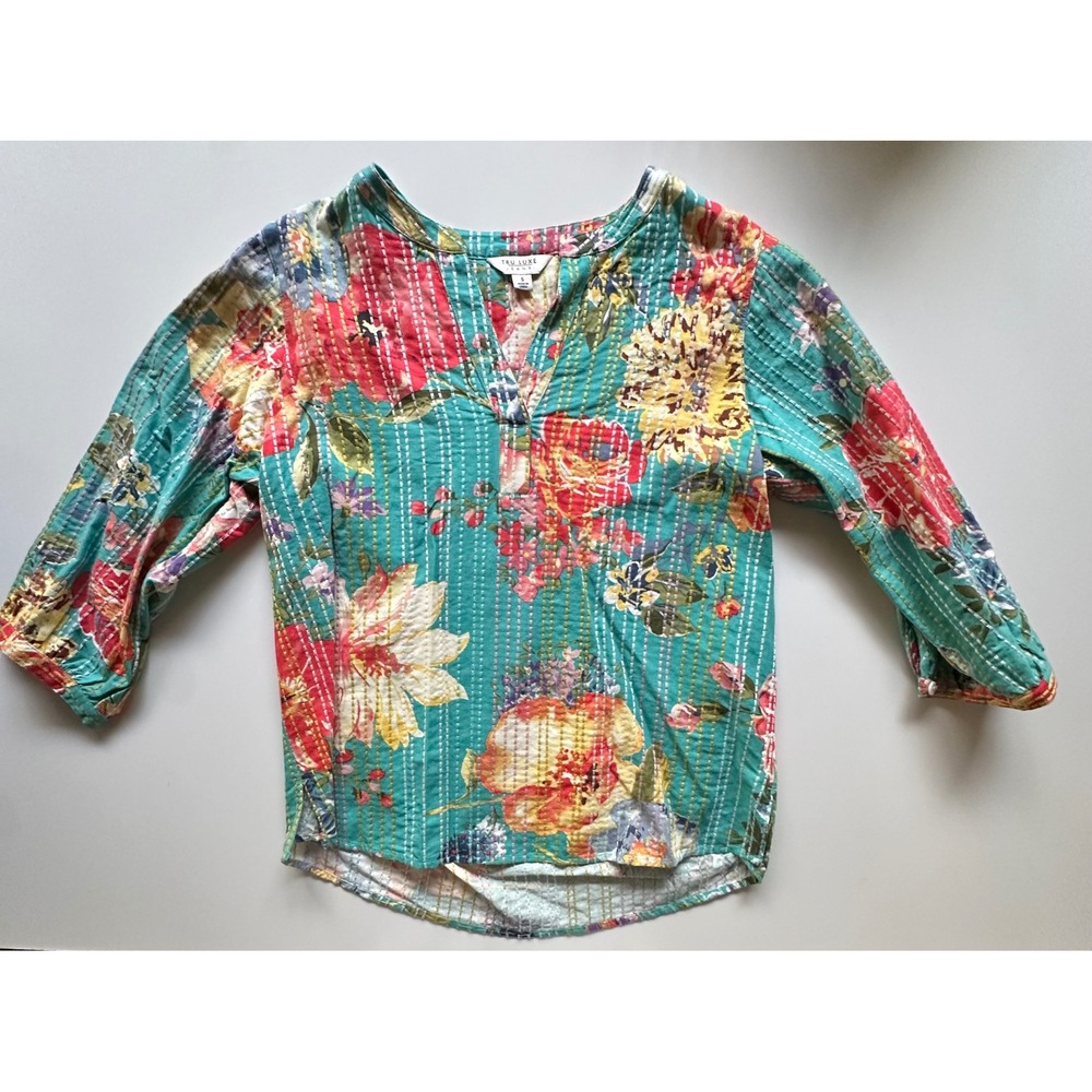 Tru Luxe Jeans Floral Kantha Stitch Linen Rayon Split Neck Blouse Teal Size S
